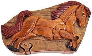 Horse Pony, Handmade Wooden Puzzle Box with Secret Compartment, All-Natural Intarsia Wood Art