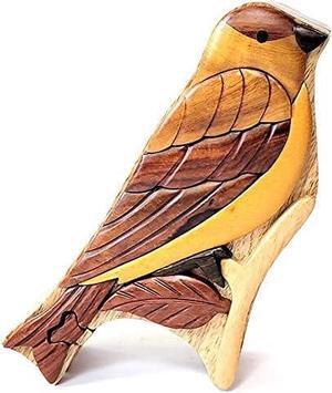 Goldfinch Bird, Handmade Wooden Puzzle Box with Secret Compartment, All-Natural Intarsia Wood Art