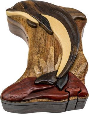 Leaping Dolphin - All Natural Wood Intarsia Puzzle Box - Handcrafted with Secret Compartment