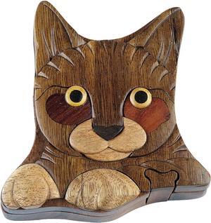 Cat - Handcrafted Wooden Intarsia Puzzle Box - All Natural Wood Art