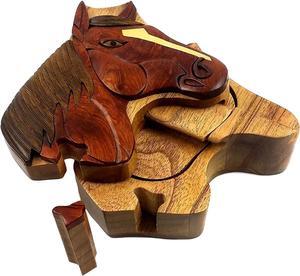 HorseHead - Handcrafted Wood Intarsia Puzzle Box - All Natural Exotic Woods with Secret Compartment
