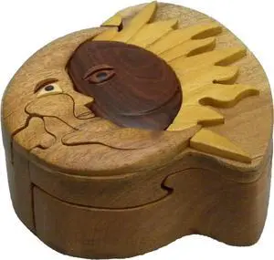 Sun & Moon, Handmade Wooden Puzzle Box with Secret Compartment, All-Natural Intarsia Wood Art