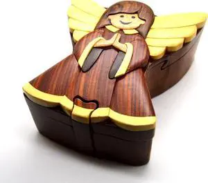 Angel Wooden Puzzle Box - Handcrafted with Secret Compartment - All Natural Intarsia Wood Art