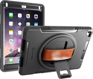 Full-Body Protection iPad Case for 5th/6th Generation, iPad Air 2, iPad Pro 9.7 - Shockproof Case with Rotating Kickstand, Built-in Screen Protector, and Premium Leather Hand Strap - Heavy-Duty