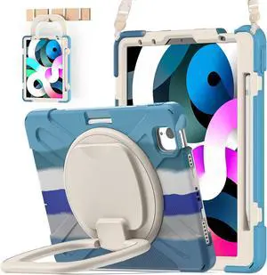 BATYUE iPad Air 5th/4th Generation Case 10.9 inch 2022/2020, iPad Pro 11" 4th/3rd/2nd/1st Gen Case 2022/2021/2020/2018, with Pencil Holder+Kickstand+Shoulder Strap (Colourful Blue)