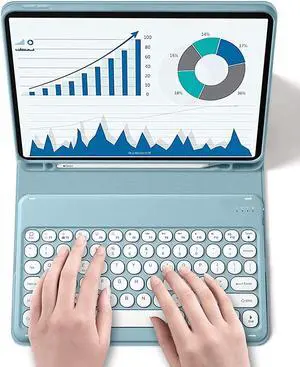 QIYIBOCASE Cute Round Keys Keyboard Case for iPad 10.2" 9th Gen/8th Gen/7th Gen,for iPad Pro10.5 /Air 3rd Gen, Detachable Magnets BT Keyboard Case with Pencil Holder (Blue)