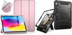 DTTO for iPad 10th Generation Case Slim Tri-fold Stand Soft TPU Back with Pencil Holder Bundle with iPad 10.9 Inch Durable Shockproof Full Body Protective Case with Screen Protector, Rose Gold & Black