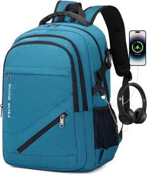 FENGDONG 17.3 inch Large Laptop Backpack Durable Waterproof Travel College Backpack Bookbag for Men & Women Business Backpack with USB Charging Port and Headset Port Light Teal