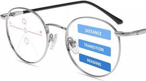 Firmoo Progressive Multifocal Round Blue Light Blocking Reading Glasses 1.0 for Women Men, Computer Anti Eyestrain Readers Glasses Silver
