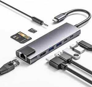 USB C Hub 9 in 1 Multiport Adapter w/Gigabit Ethernet,100W PD,4K@60Hz,2 USB 3.0,USB C 3.0 Data,SD/TF Card Reader,3.5mm Jack,Dongle Docking Station for MacBook iPad Pro iPhone 15 Steam Deck/Rog Ally