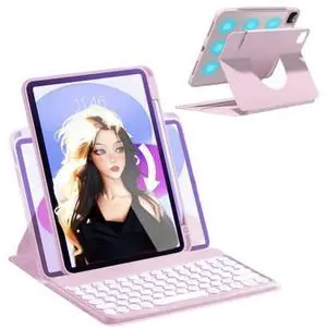 AnMengXinLing Keyboard Case for iPad 9th/ 8th/ 7th Generation, Vertical Case for iPad 10.2/Air3/Pro10.5 with Keyboard and Pencil Holder, Magnetic Stand Rotating Detachable Case with Clear Back (Pink)