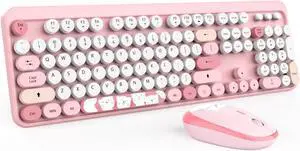 Wireless Keyboard,KOOTOP Cute Colorful 104 Keys Typewriter Retro Round Keycaps Keyboard for PC Laptop,Desktop,Windows, Home and Office Keyboards (Pink)