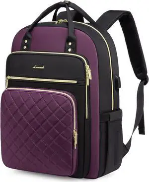 LOVEVOOK Laptop Backpack Purse for Women, 17" Laptop Bag with USB Port, Water Resistant Lightweight Daypacks for College Travel Work Business, Nurse Teacher Computer Bags, Purple Black