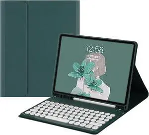 HENGHUI iPad Air 2 Pro 9.7 inch Keyboard Case - Cute Round Key Color Wireless Detachable BT Keyboard Cover with Pencil Holder for iPad 6th 5th Generation (iPad9.7-inch, Dark Green)