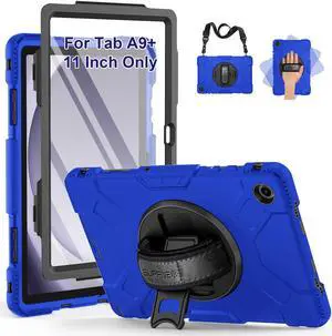 SUPFIVES Case for Samsung Galaxy Tab A9 Plus 11 Inch 2023, Liquid Silicone Heavy Duty Shockproof Protector Tab A9 Plus Cover with 360°Rotating Stand+ Hand Strap+ S-Pen Holder+ Shoulder Strap, Blue