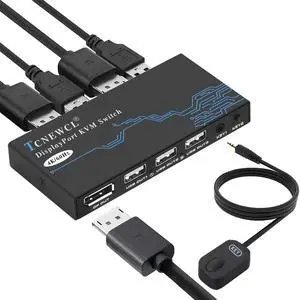 KVM Switch DisplayPort, 2 Port DP KVM Switch for 1 HD Monitor 2 Computers to Share 3 USB 2.0 Device Keyboard Mouse Printer, Support 4K@60Hz, Included 2 DP and 2 USB Cables