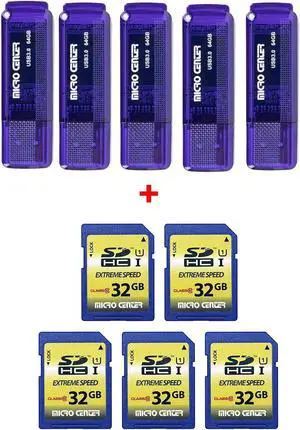 INLAND Micro Center SuperSpeed 5 Pack 64GB USB 3.0 Flash Drive+10 Pack 32GB Class 10 SDHC Flash Memory Card