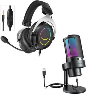 FIFINE Gaming USB Microphone and Over-Ear Headset Wired, PC Computer Mic with 4 Polar Patterns for Podcast Streaming Conference YouTube, Gamer Headset with 3.5mm Audio Jack, for Xbox(A8Plus+H3)
