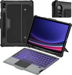 Nillkin for Samsung Galaxy Tab S9 11" Case with Keyboard, Multi-Touch Trackpad, Detachable Keyboard, 7-Color Backlit, S Pen Holder, Rugged Keyboard Case with Camera Cover for Samsung Tablet S9