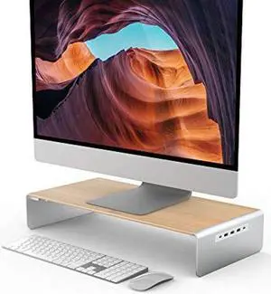 j5create Wooden Monitor Stand with USB Type C/HDMI Docking Station - USB 3.1 C to C Cable Included - Handmade Wood Panel with Aluminum Riser for Computer Screens, Laptops, TV