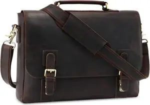 Kattee Men's Leather Satchel Briefcase, 15.6" Laptop Messenger Shoulder Bag Tote