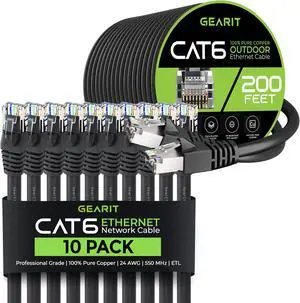 GearIT 10Pack 15ft Cat6 Ethernet Cable & 200ft Cat6 Cable