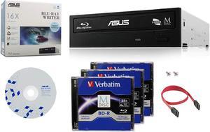 Asus 16X BW-16D1HT Internal Blu-ray Burner Drive Bundle with 3 Pack M-DISC BD and Cable Accessories (Supports BDXL and M-Disc, Retail Box)