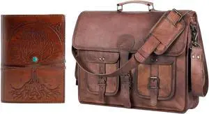 Handmade Leather Journal Lined Paper and Leather briefcase 18 Inch Laptop Messenger Bags for Men and Women Combo Pack