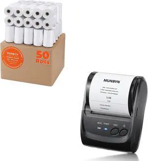 MUNBYN 58mm Mini Bluetooth POS Receipt Printer, 2.28inch Wireless Portable Thermal Printer and 2 1/4 x 50ft Thermal Paper (50 Rolls), BPA Free Receipt Paper