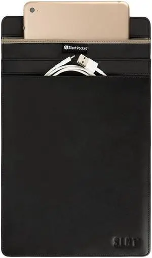 SLNT Faraday Bag Tablet Sleeve with Silent Pocket - Leather Signal Blocking Device Shielding for iPad, Samsung Galaxy Tab, Most Tablets for Travel Privacy (Black Leather, Large)