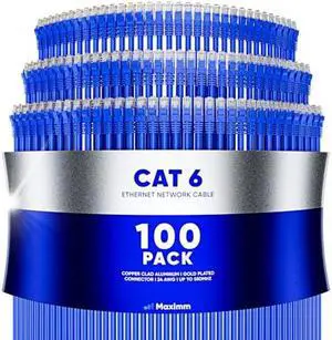 Maximm Cat 6 Ethernet Cable 0.6 Ft, (100-Pack) Cat6 Cable, LAN Cable, Internet Cable, Patch Cable and Network Cable - UTP (Blue) 0.6 Foot