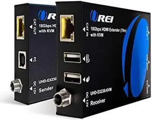 OREI KVM 4K HDMI Over Ethernet Extender Balun Over CAT6/7 Cable 4K@60Hz Upto 230 Feet - 2 USB 1.1 Ports, Supports Keyboard and Mouse USB HDMI Loop Out, Power Over Cable