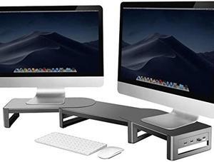 Vaydeer Adjustable Dual Monitor Stand with USB, Angled Double Monitor Riser, Metal Computer Support for 2 Monitors, Desk Hub with Shelf Storage Raiser for iMac Laptop PC Screen Office Studio Organizer