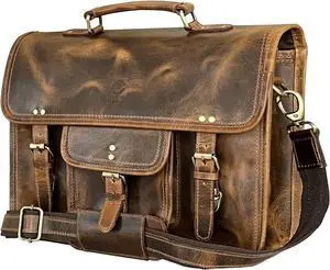 RUSTIC TOWN Leather Messenger Bag for Men - Full Grain Leather Briefcase Laptop Satchel Office Crossbody Travel Bag (16 Inch, Brown)