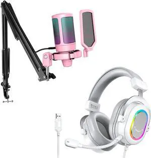 FIFINE Gaming USB Microphone Kit with Over-Ear Streaming Headset Bundle, PC Computer Mic Set with RGB, Mute, Gain Knob, Wired Headphones with Boom Mic for Recording Video Game (A6TP+H6W)
