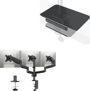 MOUNTUP Triple Monitor Stand Mount for Glass Desk, with Desk Reinforcement Plate - 3 Monitor Desk Mount for Computer Screens Up to 27 inch, Triple Monitor Arm with Gas Spring, Heavy Duty Monitor Stand