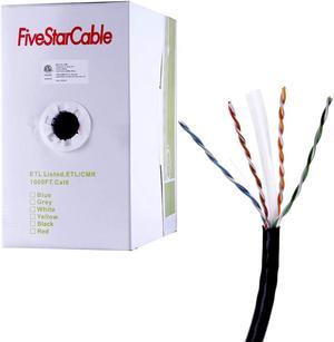 FiveStarCable Cat6 CMR 1000 Ft 23AWG Riser Rated Solid Bare Copper Cable 4 Twisted Pair UTP Bulk Ethernet Router Network POE Security Camera Cable LAN Cable PVC Black
