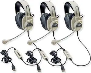 Califone 3066-USB Deluxe Multimedia Stereo Headset with USB Plug, Flexible Omni Directional Microphone, Around Ear Ambient Noise Reducing Earcups, In-line Volume Control, Pack of 3