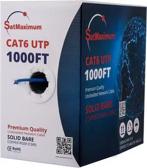 Cables Direct Online Blue Cat6 Cable 1000ft Solid Bare 23AWG Copper Wire Riser CMR Bulk Ethernet Cable  550MHz PoE++ (4PPoE) UTP