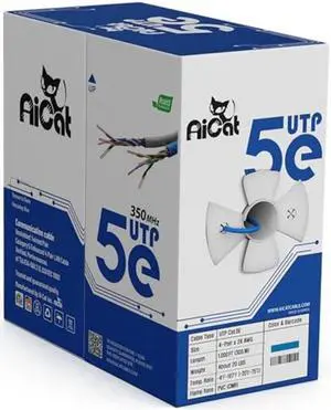 AiCat Cat 5e Ethernet Cable 1000ft, CMR- Insulated Solid Bare Copper Wire Cat5e Cable with FastReel, 24 AWG, ETL - 350MHZ / Gigabit Speed Unshielded UTP Network Cable (Blue)