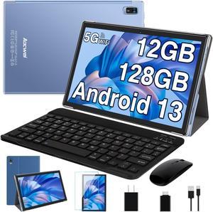 2024 Newest 10 Inch Tablet Android 13 Tablets with Keyboard, 12GB RAM 128GB ROM 512GB Expand, Octa-Core, 5G/2.4G WiFi, HD IPS Display, 8000mAh Tablet PC with Case Mouse GPS Split Screen Support -Blue