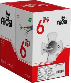 AiCat Cat6 Ethernet Cable 500ft - 23 AWG, CMR, ETL, Insulated Solid Bare Copper Wire Cat 6 Cable with Noise Reducing Cross Separator - 550MHZ / 10 Gigabit Speed, PoE++, Unshielded UTP LAN Cable(White)
