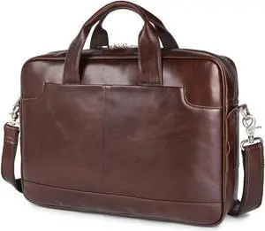 Augus Leather 16" Laptop Briefcase for Men Shoulder BagTravel Messenger Duffle Bags handbag Waterproof Brown With YKK Zipper