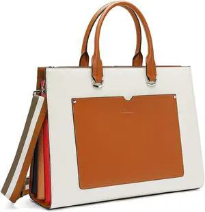 CLUCI Briefcase for Women Fashion Genuine Leather 15.6 Inch Laptop Slim Large Pocket Business Ladies Shoulder Bag Beige with Brown