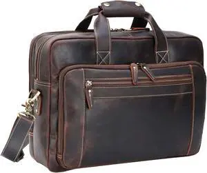 compalo Men's Solid Thick Full Grain Leather 17.3" Laptop Briefcase Classic Messenger Bag Fit Business Travel