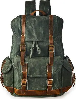 BRASS TACKS Leathercraft Heavy Duty Waxed Canvas Vintage Backpack for Men Women Trim Casual 15.6" laptop Bookbag Travel Rucksack Shoulder Rucksack for Travel