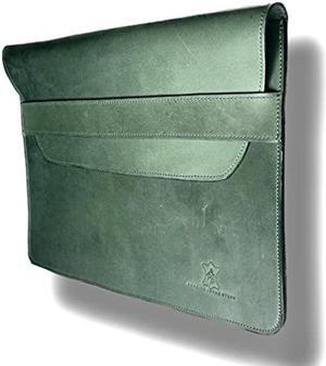 AHS Green Premium Hardwax Leather Sleeve for MacBook Pro 13", 14" & 16" | Envelope Design | 6 Ply Nylon Stitching | Green | Rounded Corners | Black Edge Finishing (Green for 16" MacBook)