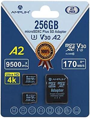Amplim Micro SD Card 256GB | 2X 256 GB Memory Cards Plus Adapter, Extreme High Speed 170MB/S A2 MicroSDXC U3 Class 10 V30 UHS-I for Nintendo-Switch, GoPro Hero, Surface, Phone, Camera Cam, Tablet