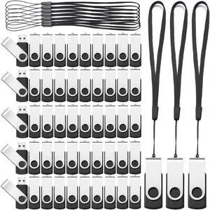 Aoriher 50 Pack USB 2.0 Flash Drives Bulk, Portable USB Thumb Drives with Lanyards, Swivel Flash Drives Thumb Drives for Office School Data Storage (Black, Silver, 4GB)