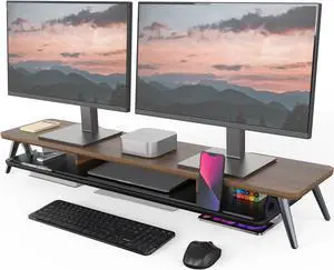 Fenge Dual Monitor Stand, Monitor Stands Riser for 2 monitors, 42.5 Inch Wood Desk Shelf with Storage Organizer and Cable Management for Office Desk Accessories